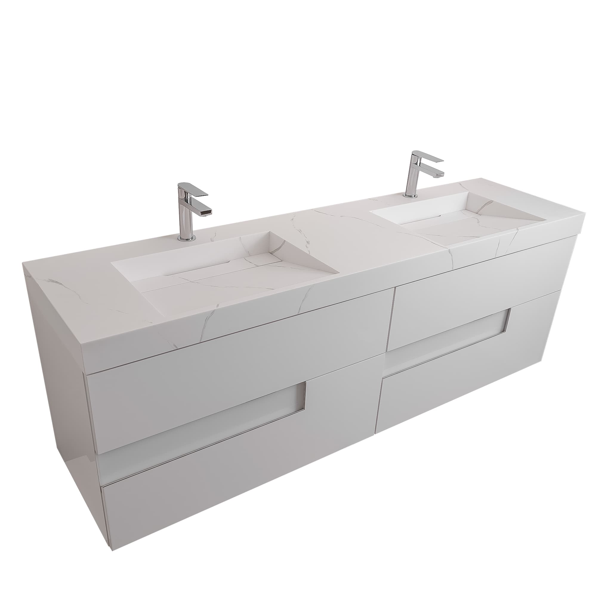 Vision 63 White High Gloss Cabinet, Solid Surface Matte White Top Carrara Infinity Double Sink, Wall Mounted Modern Vanity Set