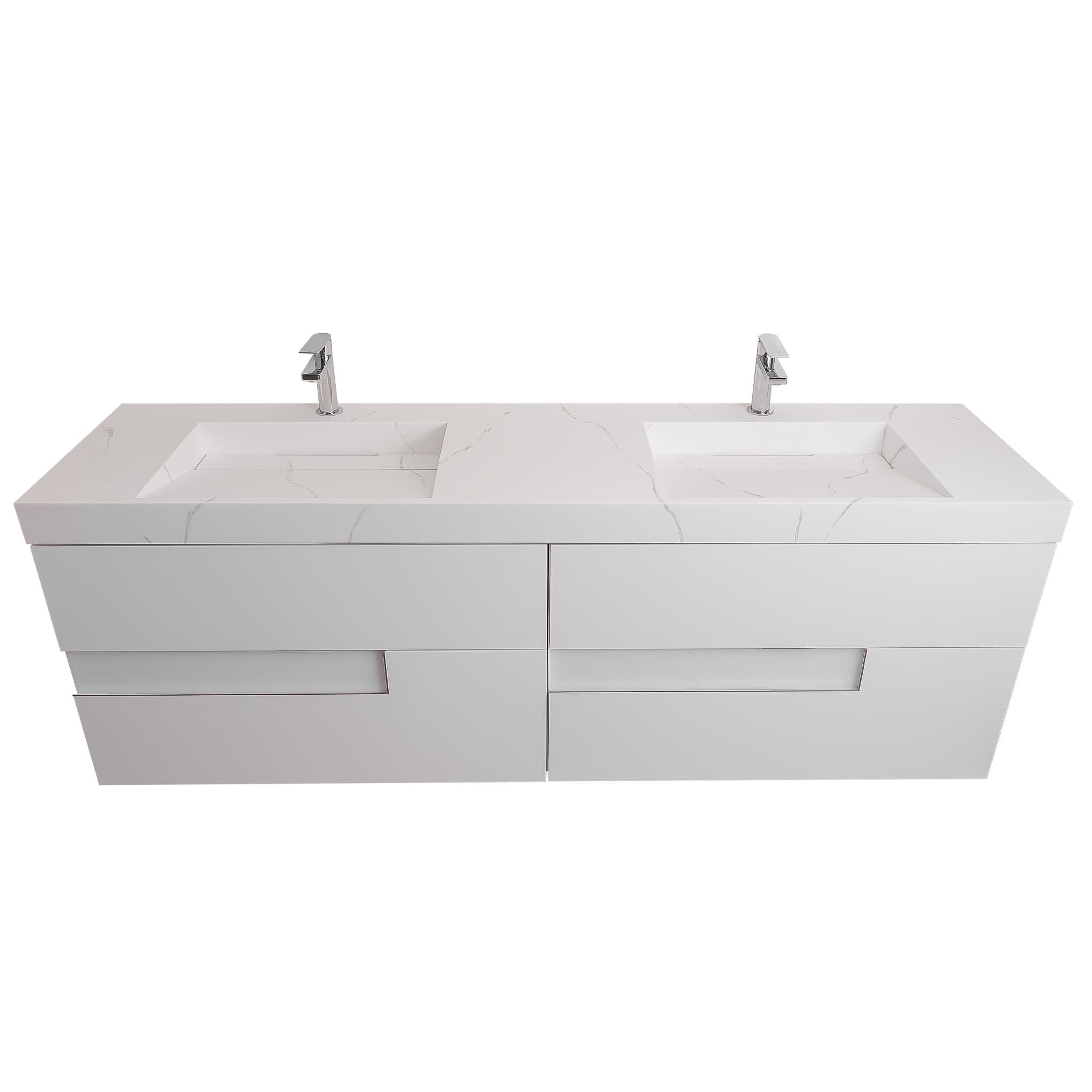 Vision 63 White High Gloss Cabinet, Solid Surface Matte White Top Carrara Infinity Double Sink, Wall Mounted Modern Vanity Set