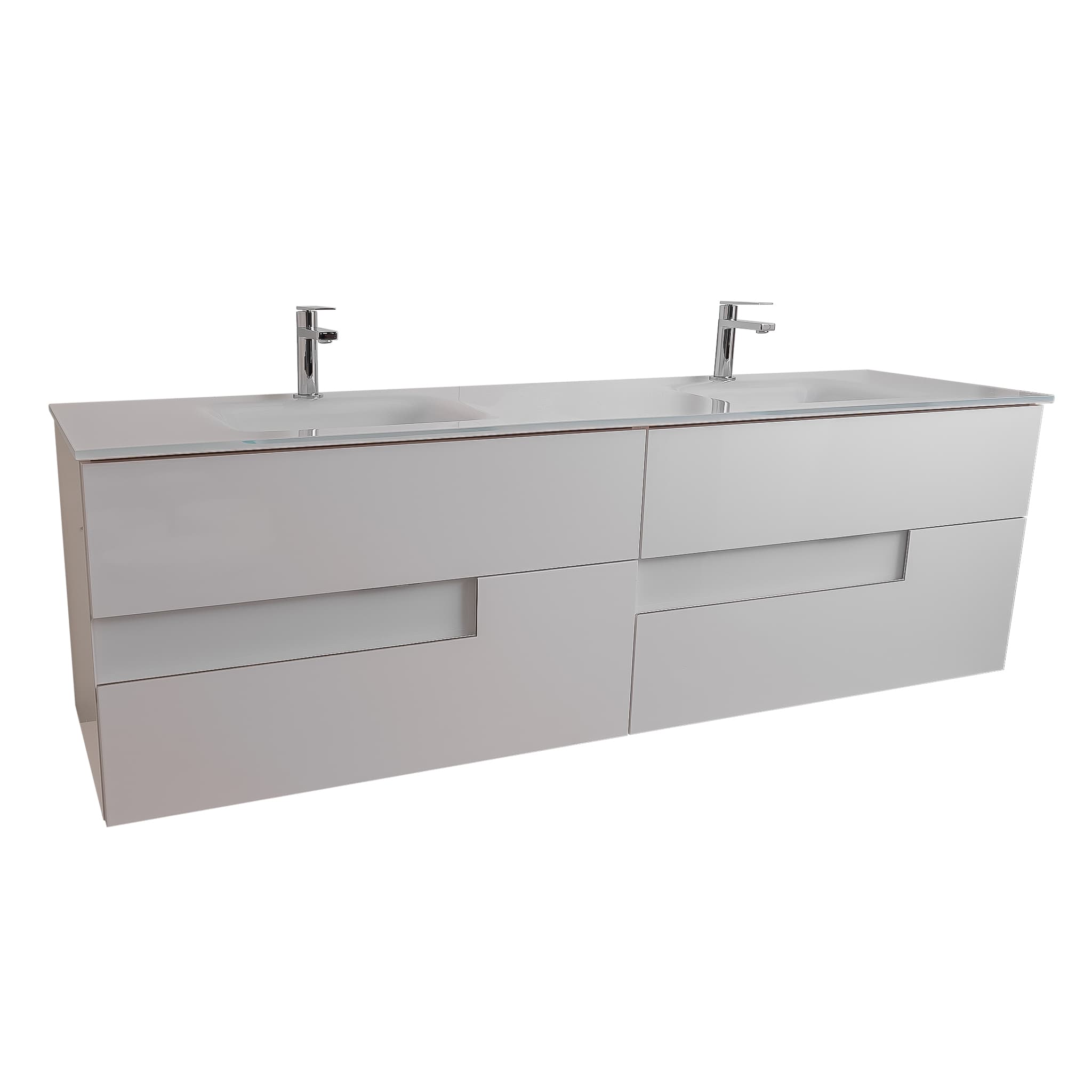 Vision 63 White High Gloss Cabinet, White Tempered Glass Double Sink, Wall Mounted Modern Vanity Set