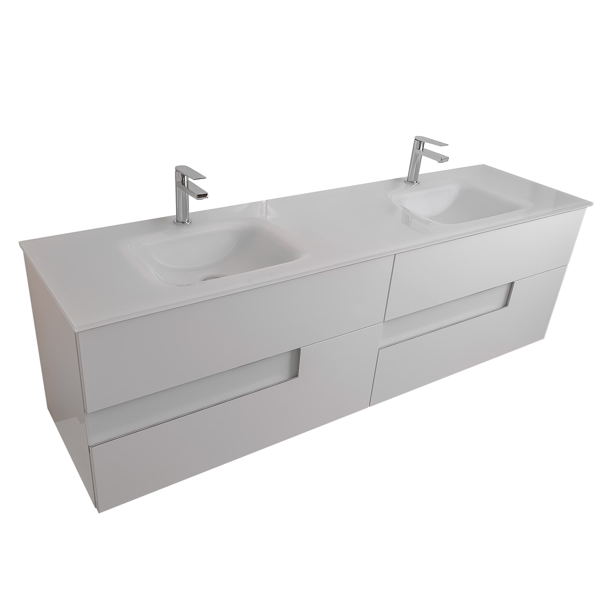 Vision 63 White High Gloss Cabinet, White Tempered Glass Double Sink, Wall Mounted Modern Vanity Set