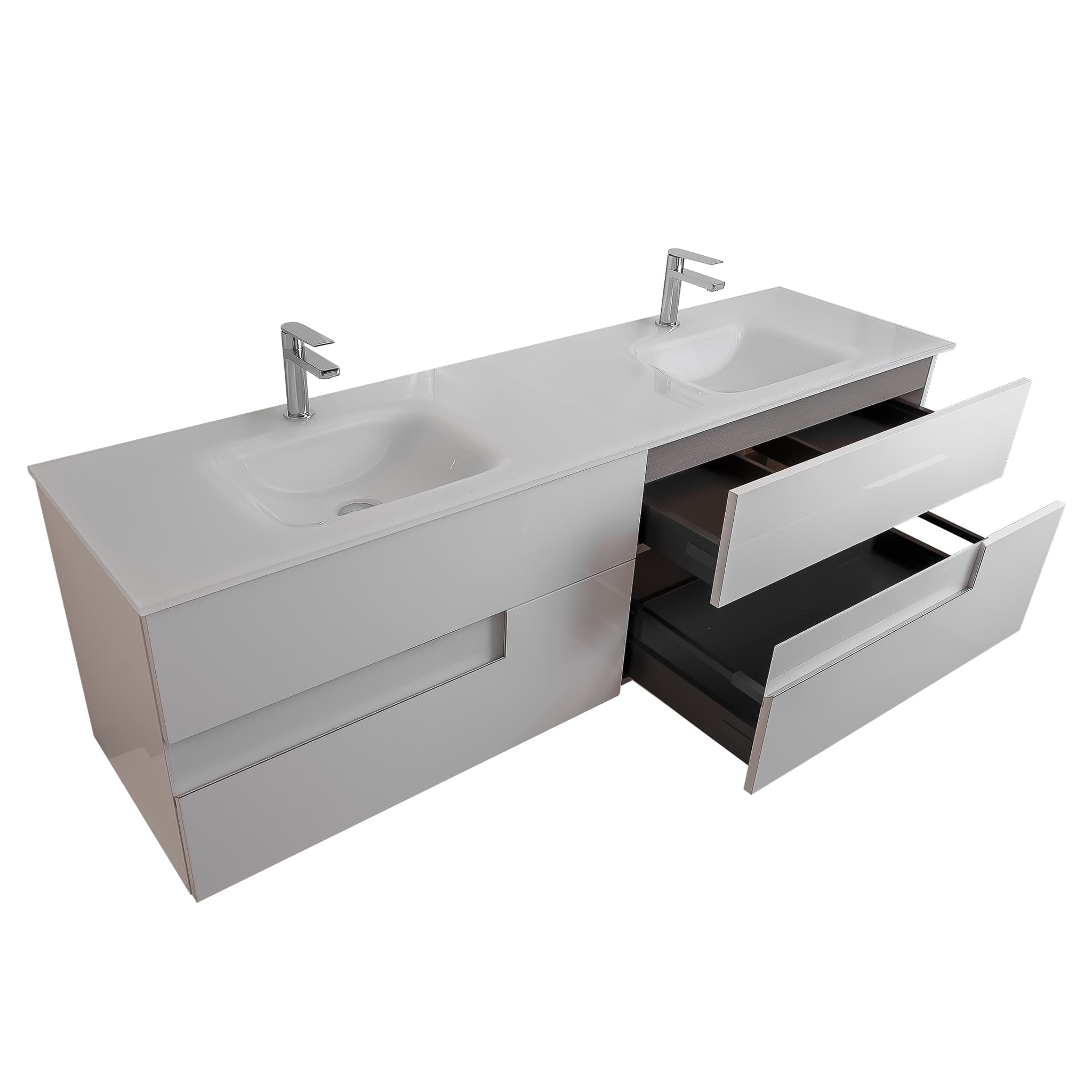 Vision 63 White High Gloss Cabinet, White Tempered Glass Double Sink, Wall Mounted Modern Vanity Set