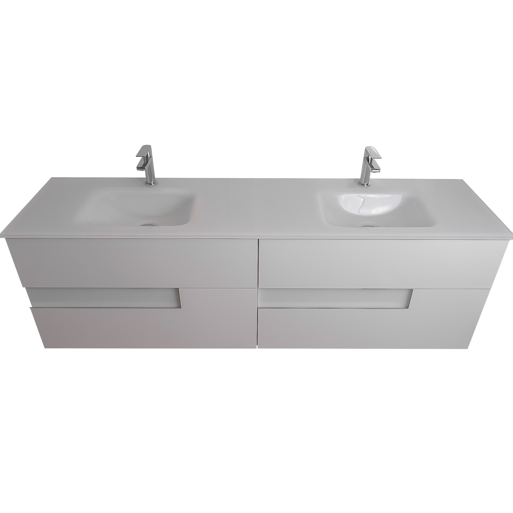 Vision 63 White High Gloss Cabinet, White Tempered Glass Double Sink, Wall Mounted Modern Vanity Set