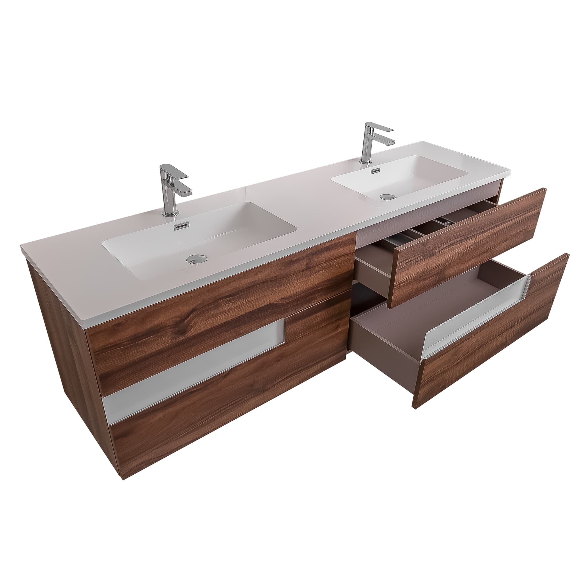 Vision 72 Valenti Medium Brown Wood Cabinet, Square Cultured Marble Double Sink, Wall Mounted Modern Vanity Set