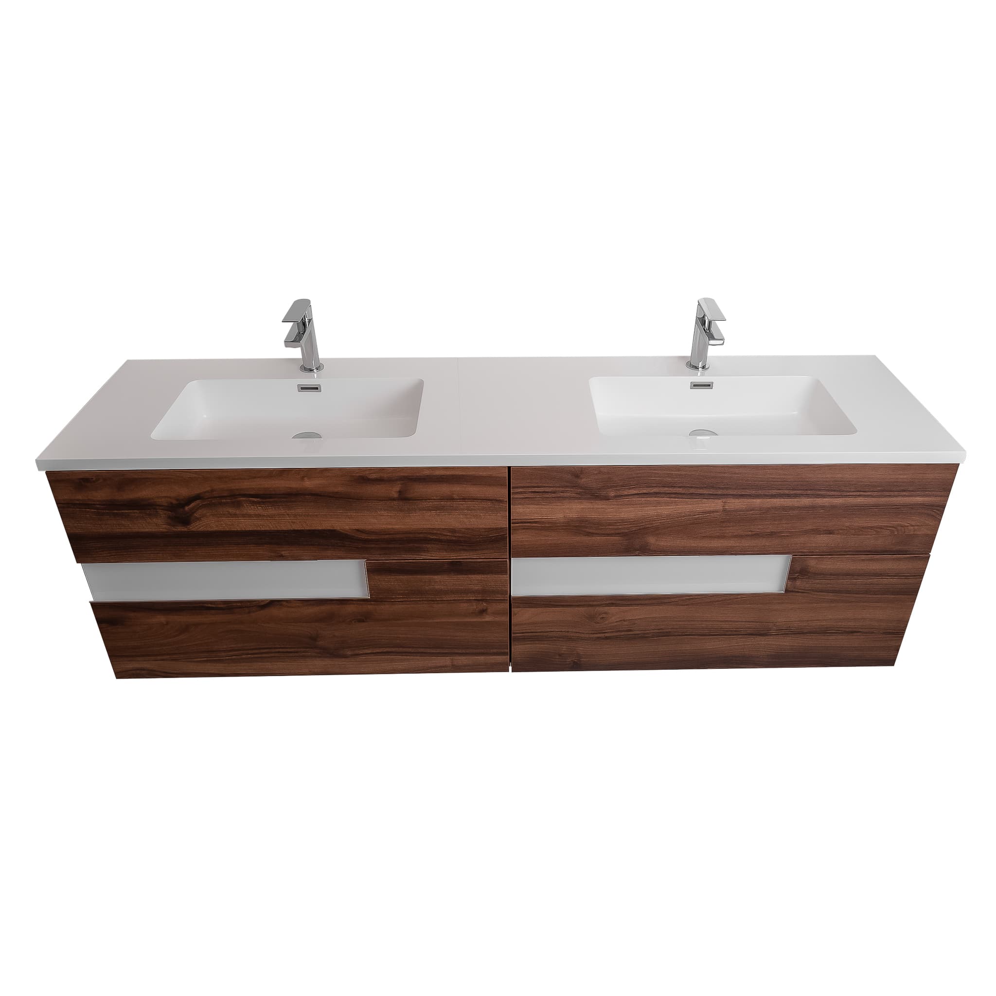 Vision 72 Valenti Medium Brown Wood Cabinet, Square Cultured Marble Double Sink, Wall Mounted Modern Vanity Set