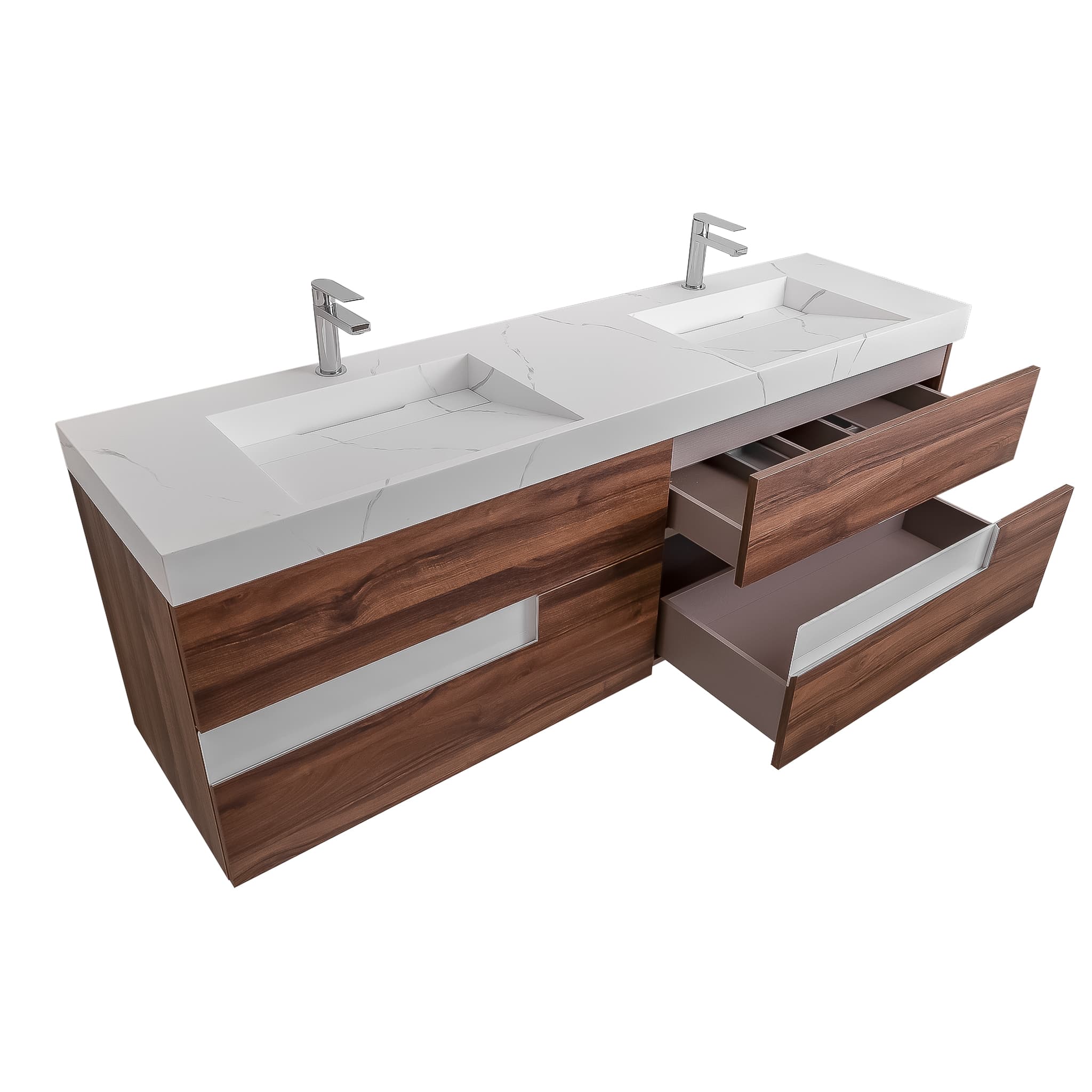 Vision 72 Valenti Medium Brown Wood Cabinet, Solid Surface Matte White Top Carrara Infinity Double Sink, Wall Mounted Modern Vanity Set