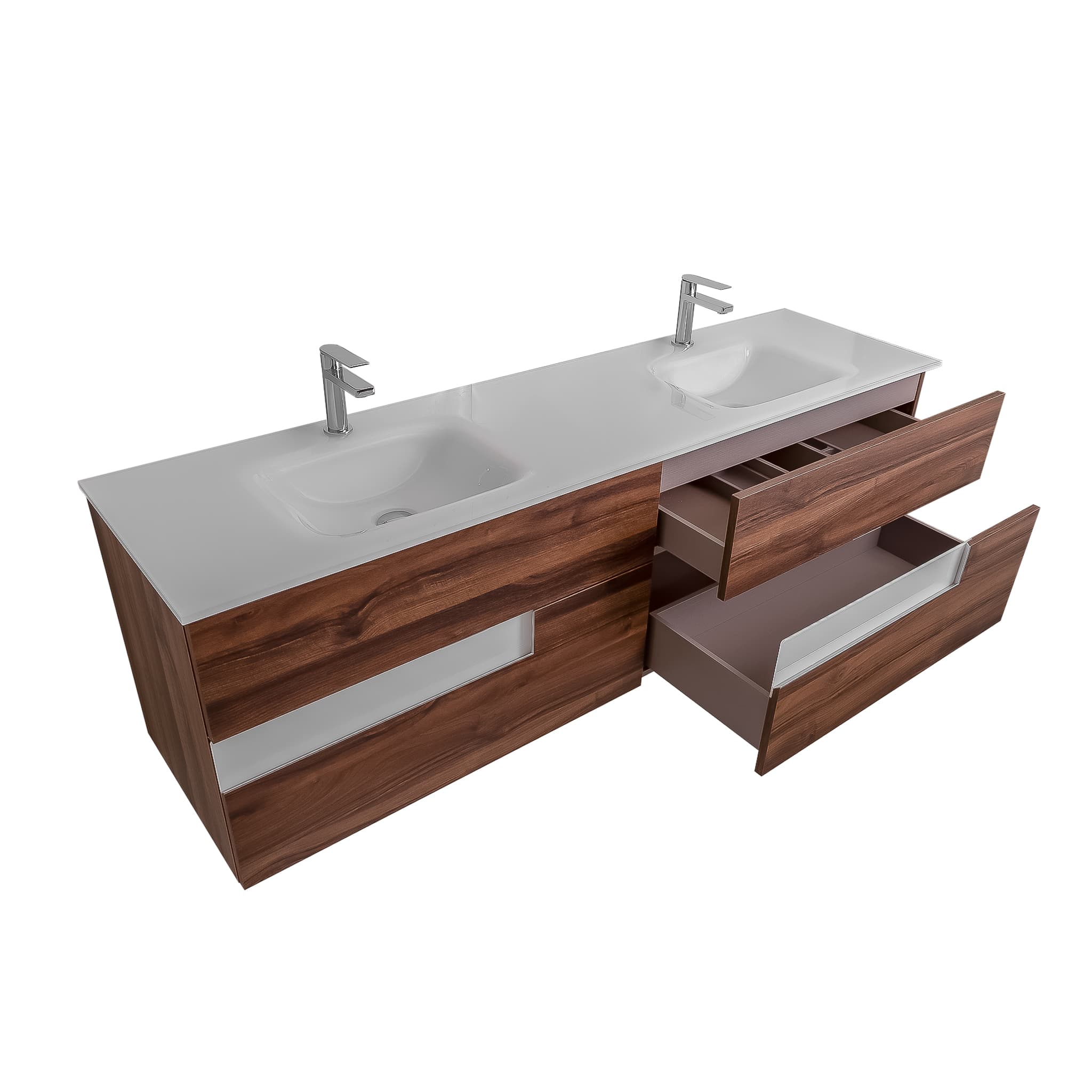 Vision 72 Valenti Medium Brown Wood Cabinet, White Tempered Glass Double Sink, Wall Mounted Modern Vanity Set