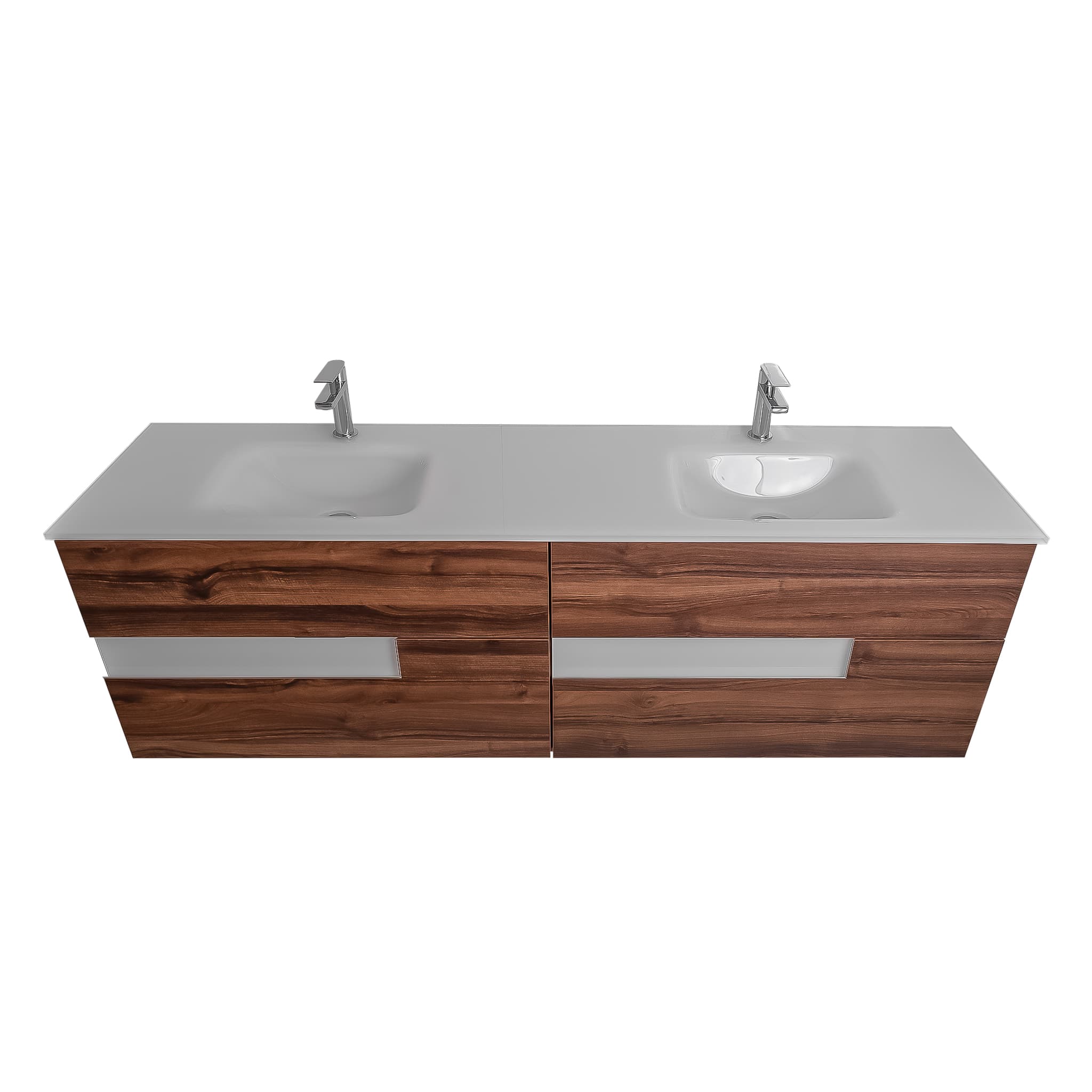 Vision 72 Valenti Medium Brown Wood Cabinet, White Tempered Glass Double Sink, Wall Mounted Modern Vanity Set