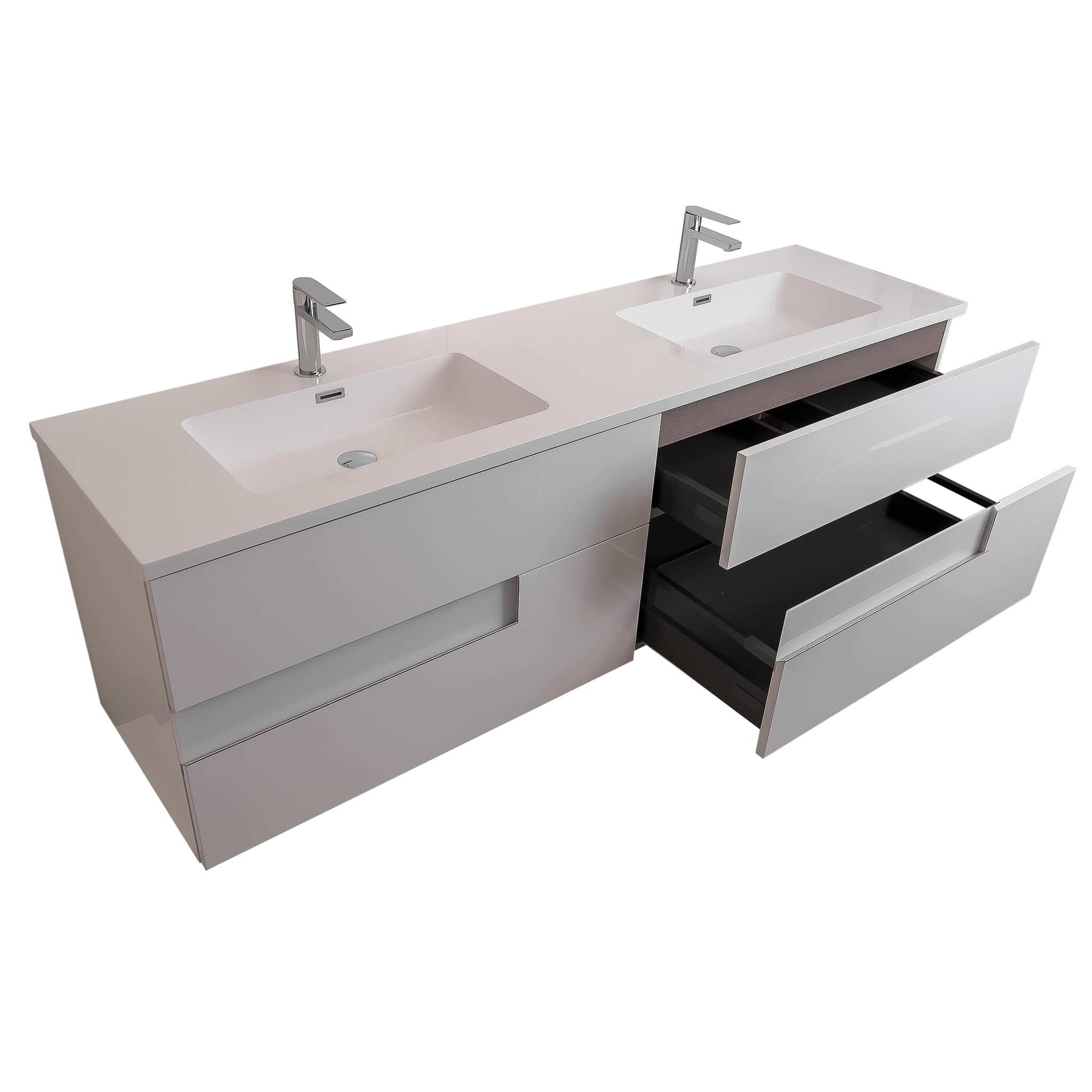 Vision 72 White High Gloss Cabinet, Square Cultured Marble Double Sink, Wall Mounted Modern Vanity Set