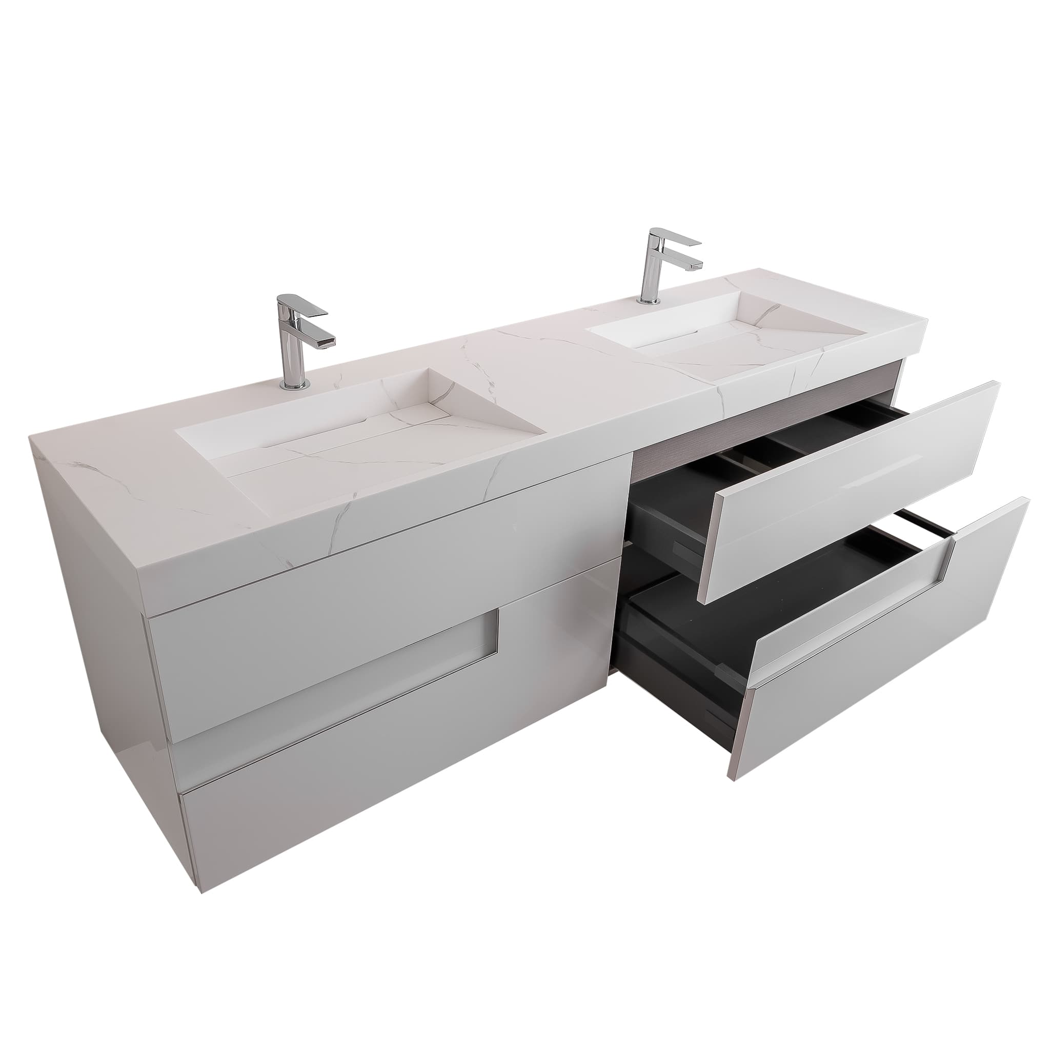 Vision 72 White High Gloss Cabinet, Solid Surface Matte White Top Carrara Infinity Double Sink, Wall Mounted Modern Vanity Set